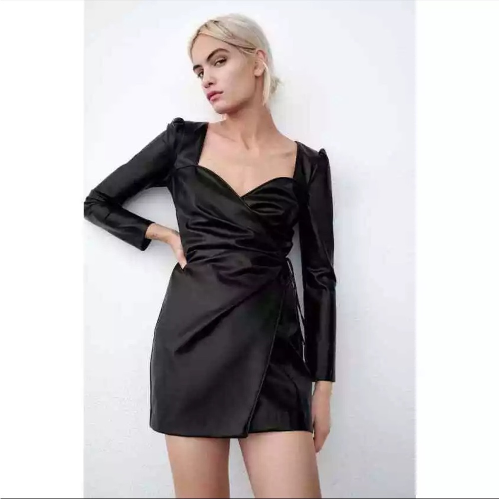 Zara Black Faux Leather Crossover Dress Small